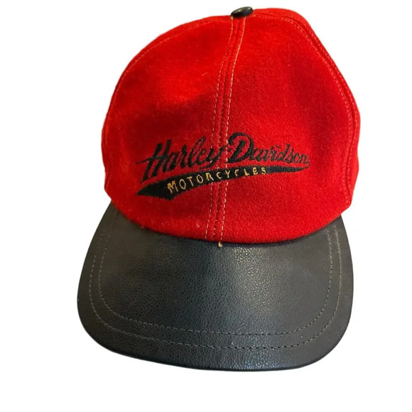 Vintage Rare Harley Davidson Motorcycles Black Leather & Wool Hat Cap - Picture 1 of 4